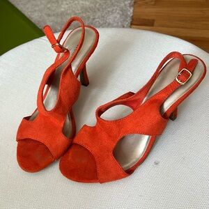 Predictions, orange suede open toed pump, size 7.5